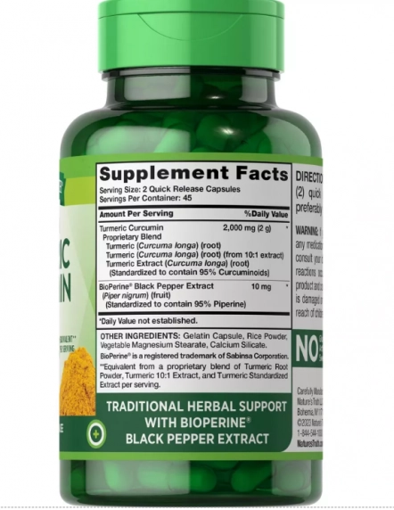Curcumina de Cúrcuma, Turmeric, Com Pimenta Preta BioPerine, 90 Cápsulas, Nature's Truth
