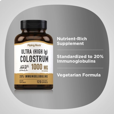 Ultra High IG Colostrum 1000mg, Suporte à Imunidade, Bem-Estar e Recuperação Diária, 120 Cápsulas, Piping Rock