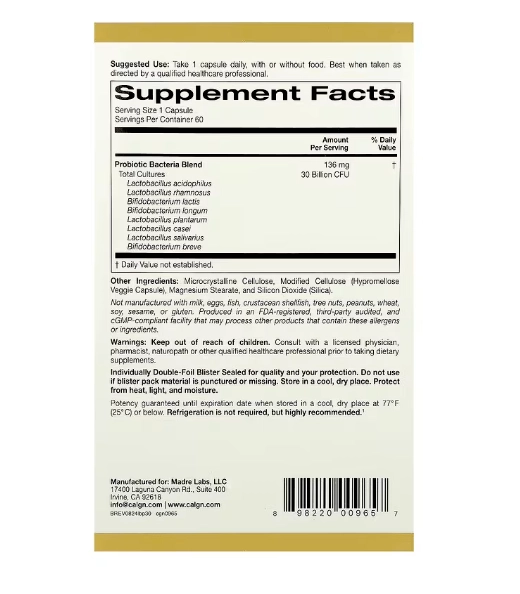 LactoBif 30 Probióticos, 30 Bilhões de UFC, 60 Cápsulas, California Gold Nutrition