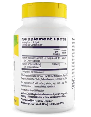 Vitamina D3 50mcg e K2 200mcg, 60 Cápsulas, Healthy Origins