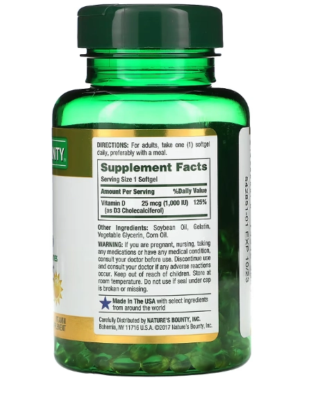 Vitamina D3 25mcg (1000IU), 350 Cápsulas, Nature's Bounty