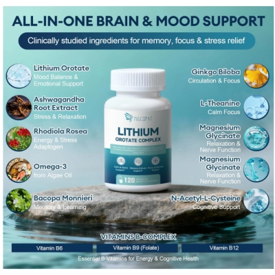 Lithium Orotate Complex 10mg, com Magnésio, Ashwagandha, NAC e Ômega-3, 120 Cápsulas, Migcopat