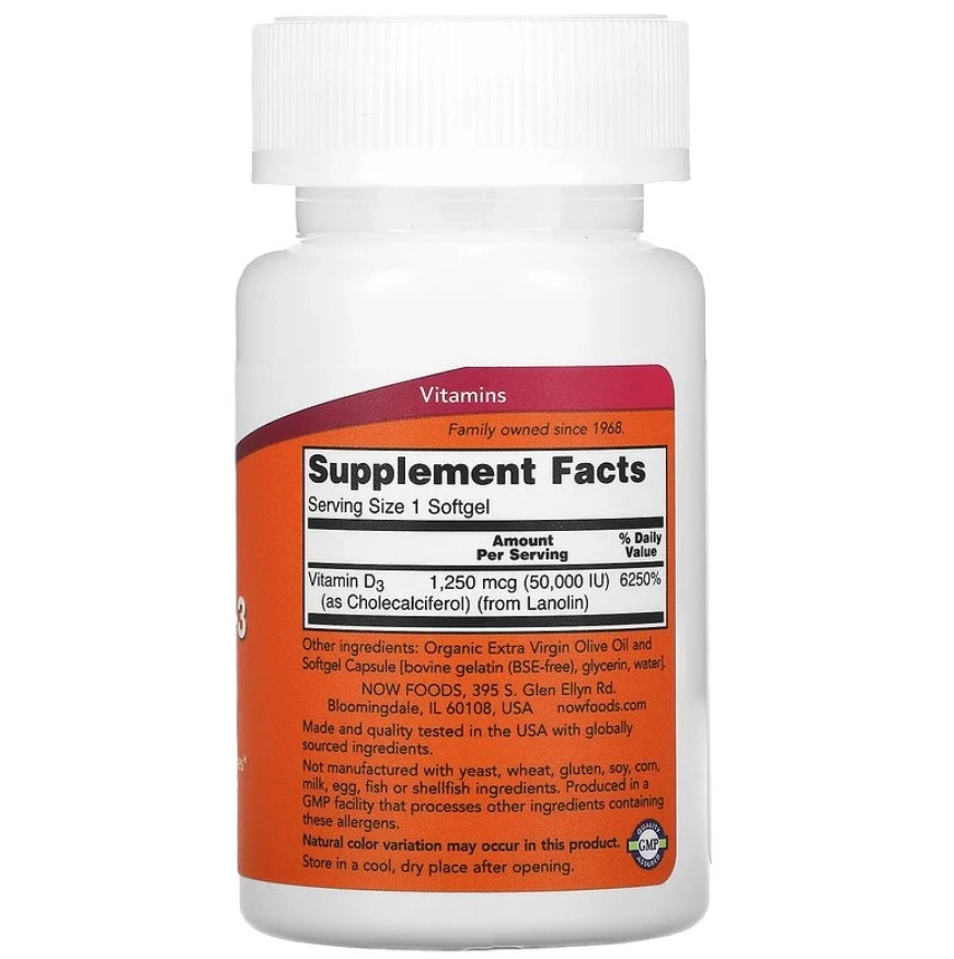 Vitamina D-3, 50.000 UI, 50 Cápsulas Softgel, Now