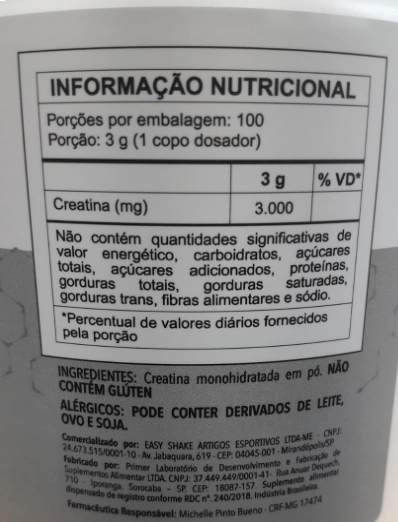 Creatina Monohidratada 100% Pura, 300g, Easy Nutri