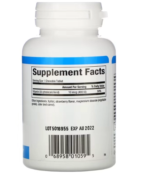 Vitamina D3 Kids, 400 UI, 100 Comprimidos Mastigáveis Sabor de Morango, Natural Factors