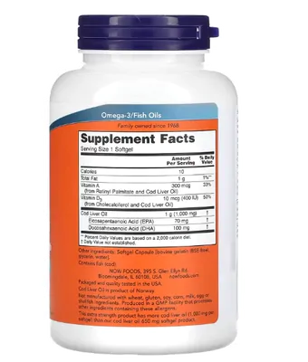 Cod Liver Oil, Óleo de Fígado de Bacalhau, 1000mg, 180 Cápsulas, Now