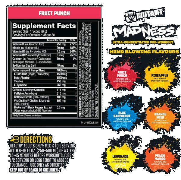Pré Treino Madness, Desempenho Em Pó, 270g Sabor Fruit Punch, Mutant