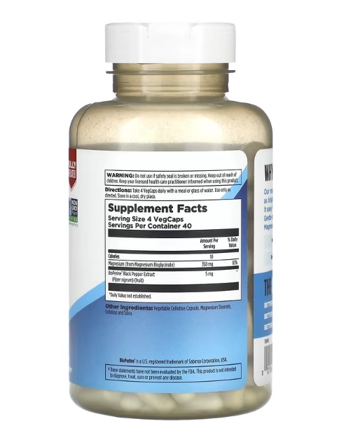 Glicinato de Magnésio de Alta Absorção, 350mg, 160 VegCaps, KAL