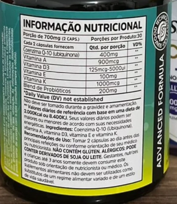 Coenzima CoQ10 700mg com Vitaminas A,D,E e K 700mg, 60 Cápsulas, Sunfood