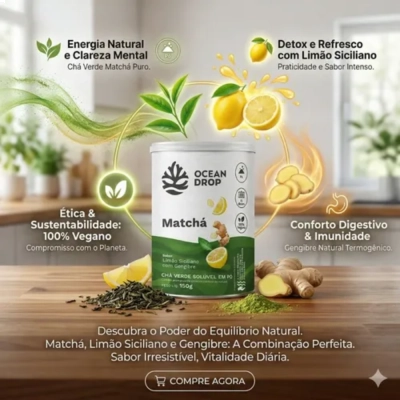 Matchá, Sabor Limão Siciliano Com Gengibre, 150g, Ocean Drop