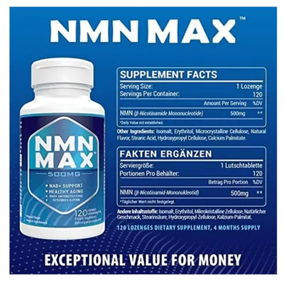 NMN Max Nicotinamide Mononucleotide, 500mg, Efeito rejuvenescedor, 120 Capsulas