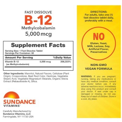 Vitamina B12 5000mcg Metilcobalamina, 50 Comprimidos Mastigáveis, Sundance