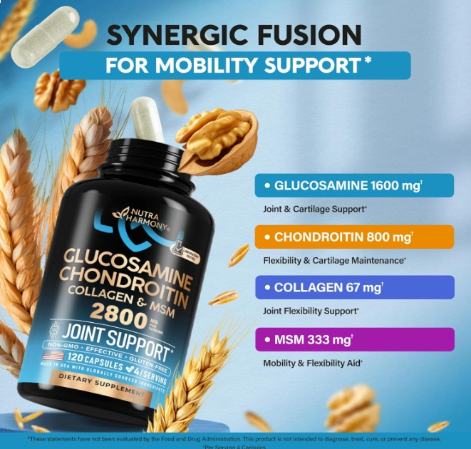 Glucosamina Condroitina 2800mg com MSM e Colágeno, 120 Cápsulas, Totaria Health