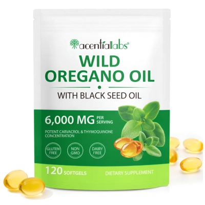 Wild Oregano Oil 6000mg, Óleo de Orégano com Óleo de Semente Preta, 120 Cápsulas, Acentiallabs 