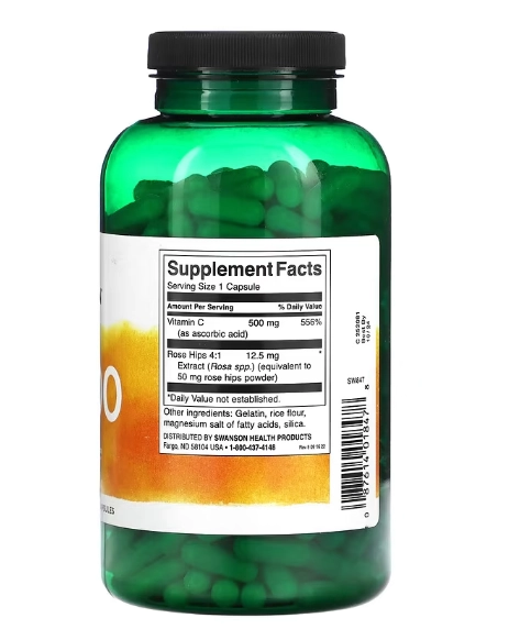 Vitamina C-500, com Rosa Mosqueta, 500mg, 400 Cápsulas, Swanson