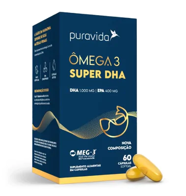Ômega 3, Super DHA, 60 Cápsulas, PuraVida