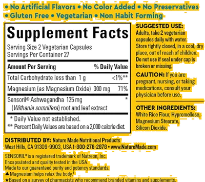Calm & Relax, Com Ashwagandha 125mg, Magnésio, 300mg, 54 Cápsulas, Nature Made