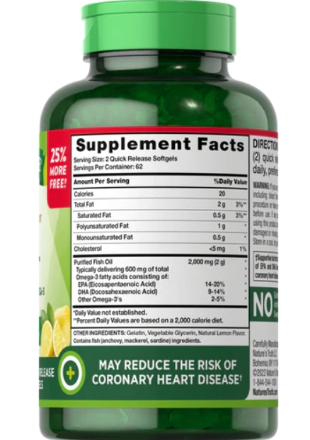 Ômega 3, 2000mg, 125 cápsulas Sabor Limão, Nature's Truth