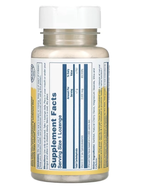 Vitamina B-12  2000mcg, 90 Pastilhas Sabor Cereja Natural, Solaray