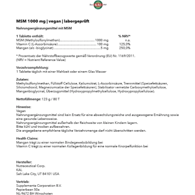 MSM Saúde Das Articulações, 1000mg, 80 Comprimidos - KAL