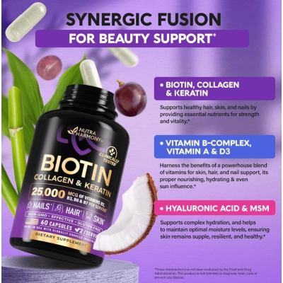 Hair Vitamins, Biotina, Colágeno e Queratina, Crescimento Capilar, Pele e Unhas, 60 Cápsulas, Nutra Harmony