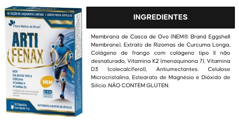 Artifenax, com NEM, Colágeno Tipo II, Curcumina, Vitminas D3 e K2, 30 Cápsulas, Flora Nativa