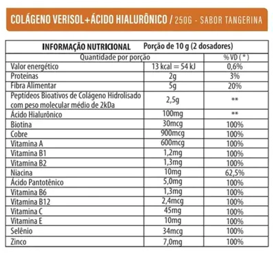 Peptídeos de Colágeno Verisol + Ácido Hialurônico, 250g, Sabor Tangerina
