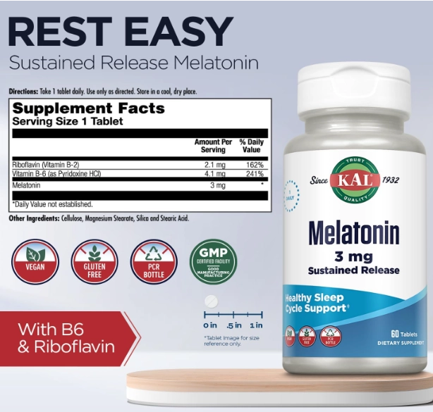 Melatonina 3mg Com Vitamina B6, 60 Comprimidos Sustained Release, Kal