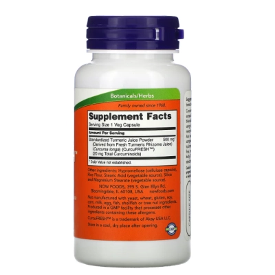 Curcuma, Curcumina CurcuFresh 500mg, 60 Cápsulas, Now