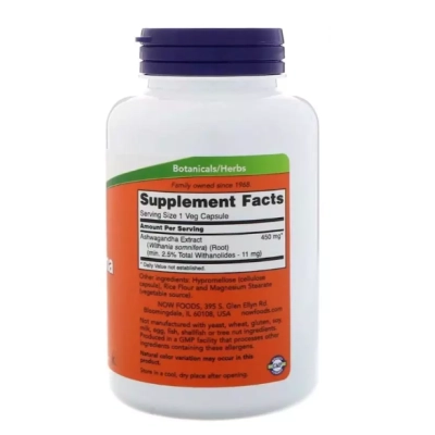 Ashwagandha 450mg, Controle do Estresse e Equilíbrio do Sistema Nervoso,  Cápsulas Opções, Now
