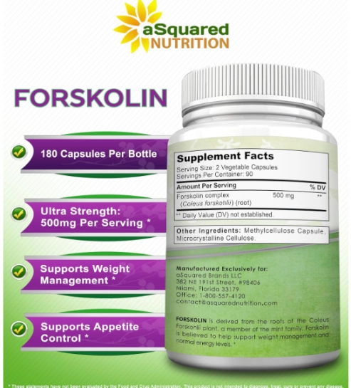 Forskolin 500mg Max Strength, Auxilio na Perda de Peso, 180 Capsulas, aSquared Nutrition
