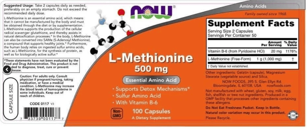 L-Methionine, 500mg, 100 Cápsulas, Now
