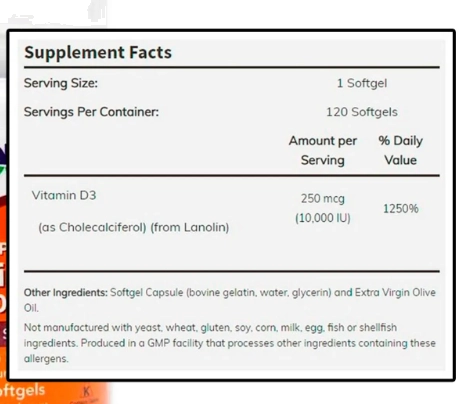 Vitamina D3, 10.000IU, (Alta Potência) 120 cápsulas, Now