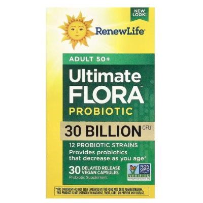 Ultimate Probiotic Flora, Probióticos para Adulto 50+, 30 Bilhões de UFC, 30 Cápsulas, Renew Life