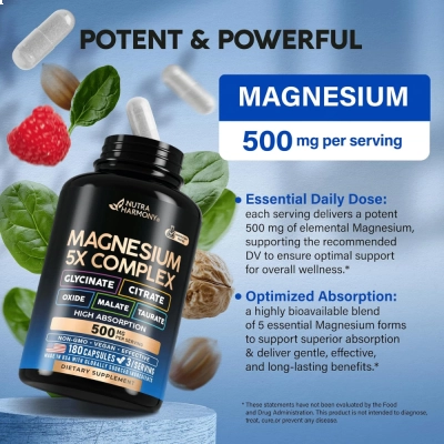 Magnésio, Complexo 5 em 1 (Glicinato, Citrato, Malato, Taurato, Óxido), 500mg, 180 Cápsulas, Nutra Harmony