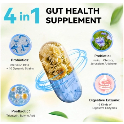 Gut Health 4 em 1, com Probióticos, Prebióticos, Pós-bióticos e Enzimas, 60 bilhões de UFC, 120 Cápsulas, Totaria Health