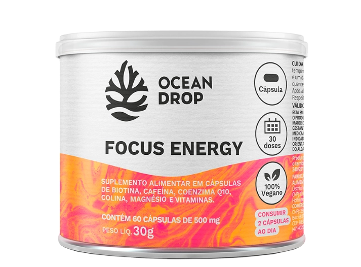Focus Energy 500mg, Alta Performance, Mente e Corpo, 60 Cápsulas, Ocean Drop