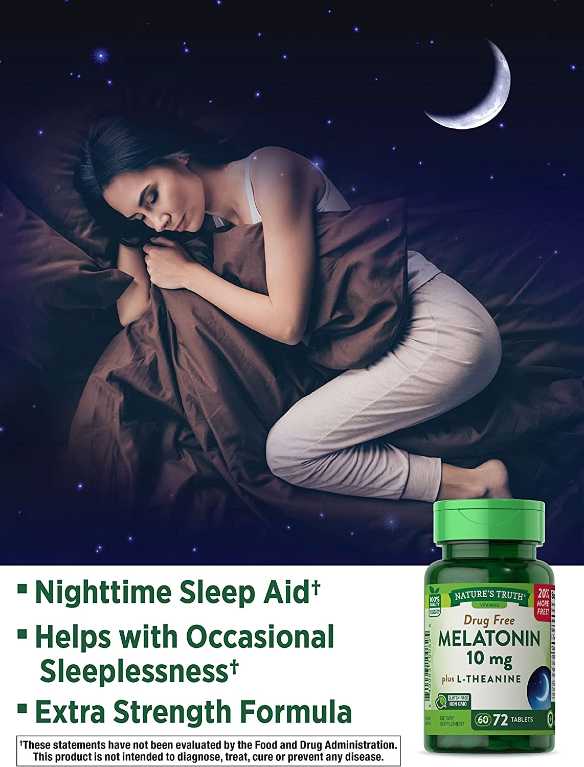 Melatonina 10mg, Maximum Strength, Com L-teanina, 72 Tablets, Nature's Truth