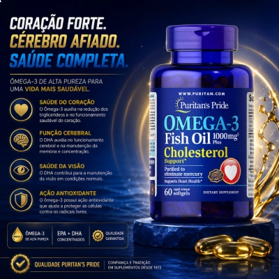 Ômega-3 Fish Oil Plus 1000mg, Suporte ao Colesterol e Saúde Cardiovascular, 60 Softgels, Puritan’s Pride