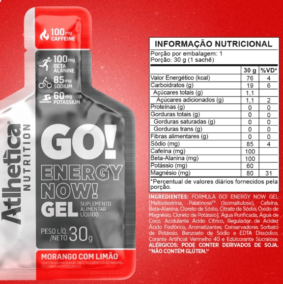 GO! Energy Now Gel, Caixa com 10 Saches 30g cada, Sabor Morango com Limão, Atlhetica Nutrition