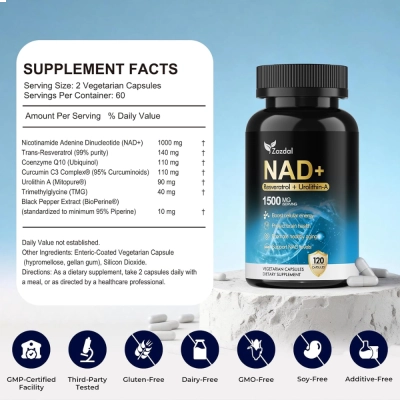 NAD+ 1500mg, Suporte à Energia Celular, Metabolismo e Saúde Mitocondrial, 120 Cápsulas, Zozdal