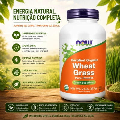 Wheat Grass, Energia Natural, Nutrição Verde e Vitalidade Diária, 255g, NOW