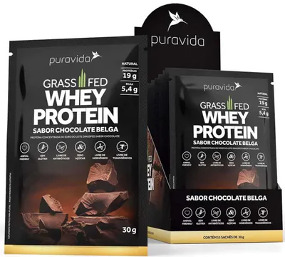 Whey Protein Grassfed, Sabor Chocolate Belga, 30g, 15 unidades, PuraVida