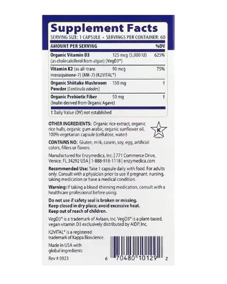 Vitamina D3 5000UI + Vitamina K2 90mcg, 60 Cápsulas, Enzymedica