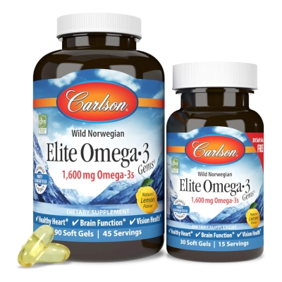 Elite Ômega 3, 1600mg, Saúde Cardiovascular, Cerebral e Imunidade, 120 Softgels, Carlson
