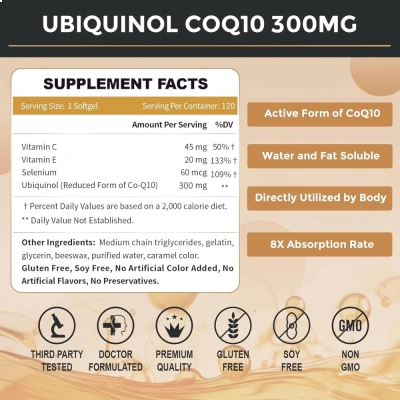 Ubiquinol 300mg, Energia, Vitalidade e Saúde Cardiovascular, Alta Potência, 120 Softgels, Zebora