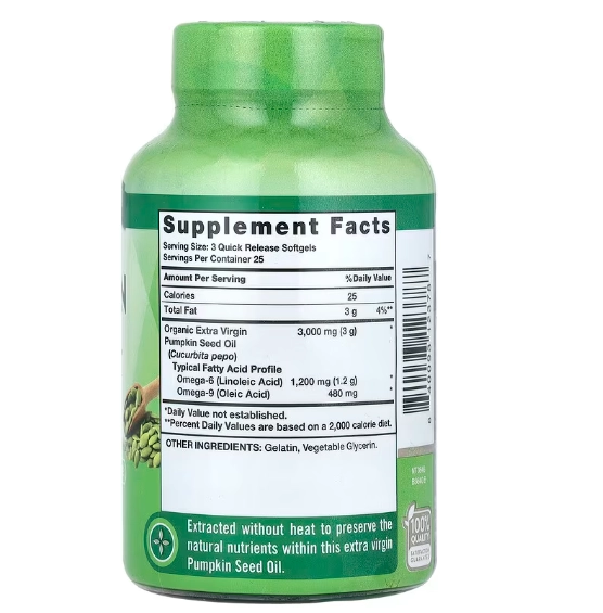 Pumpkin Seed Oil, Óleo de Semente de abóbora, Prensado a Frio 3000mg, 75 Cápsulas, Nature's Truth