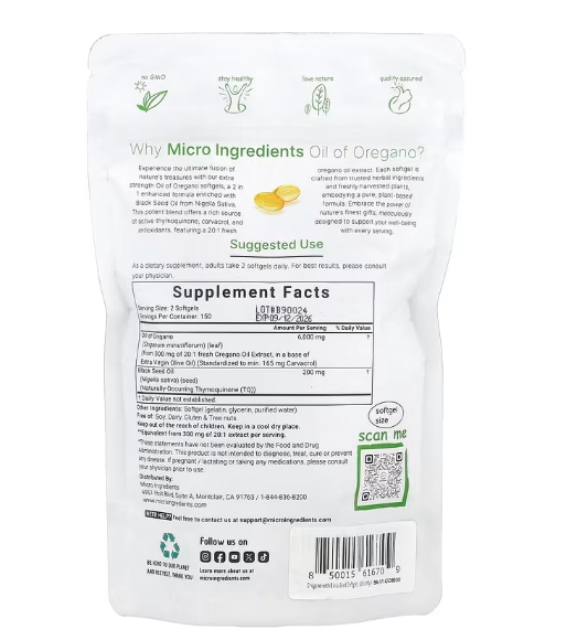 Óleo de Orégano com Óleo de Cominho Preto 6000mg, 300 Cápsulas Softgel, Micro Ingredients
