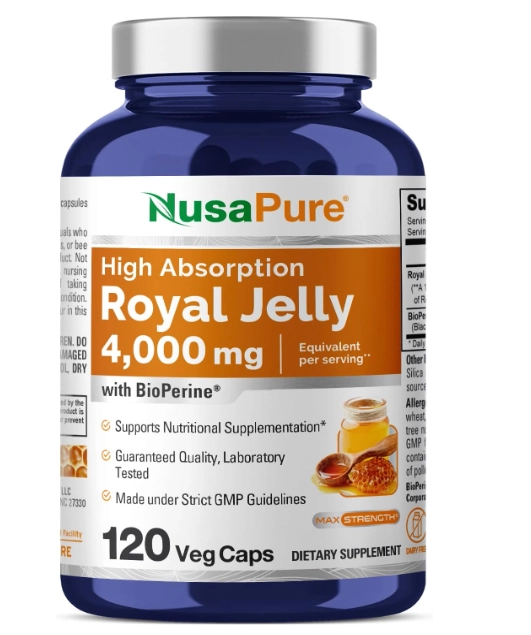 Royal Jelly 4000mg Com Bioperine,  Geleia Real, 120 cápsulas, NusaPure
