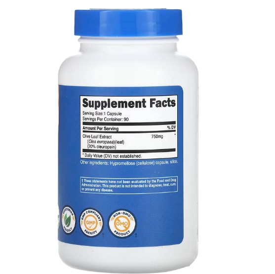 Olive Leaf Extract, Folha de Oliveira 750mg, 90 Cápsulas, Nutricost